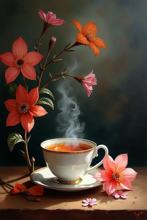 An oil painting with a cup of tea with flowers inside and with a dark background 