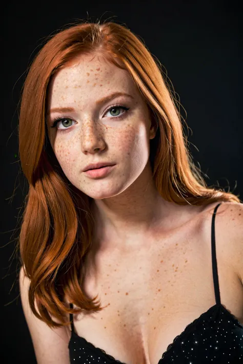 Professional photo of a beautiful young girl, beautiful face, glamor makeup, freckles, long red hair, thin body, large breasts, black bra, simple black background, eye contact, looking at viewer, masterpiece, best quality, perfect detail, perfect face deta...