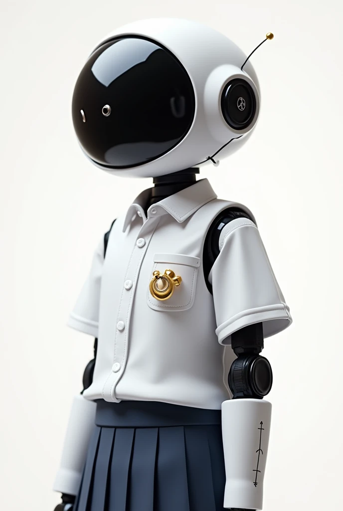 The robot is wearing a high school boys uniform, a white shirt, a short sleeve, with a golden needle attached to his right chest, wearing a student skirt, looking cute like the other photo, is seen in full view.