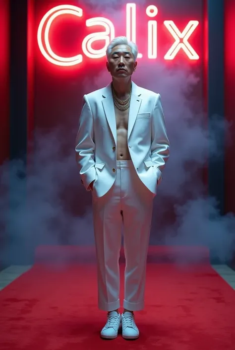 a stylish matured white short hair and tightly eyes beautiful Korean boy with a pale skin, standing on a luxurious red carpet in the middle, wearing a white casual clothes, gold ring, silver necklace with printed name Calix, looking ahead, with the backgro...