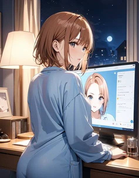 night, ren&#39;s room, At the desk, 椅子に座る,  smartphone _View the screen,  dye your cheeks, 12 Talents, pajamas, (Misaka Mikoto), masterpiece:1.5, masterpiece, highest quality, UHD, retina, masterpiece, accurate anatomy, super detailed, high quality, best q...