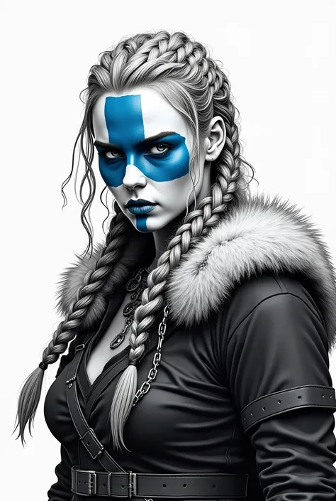 Dessin noir et blanc d’une femme guerrière viking aux cheveux tressés, portant de la peinture bleue de guerre sur le visage, une longue tresse blonde, regardant vers l’avant, fond blanc, contraste élevé, palette de couleurs basse, style fantastique, détail...