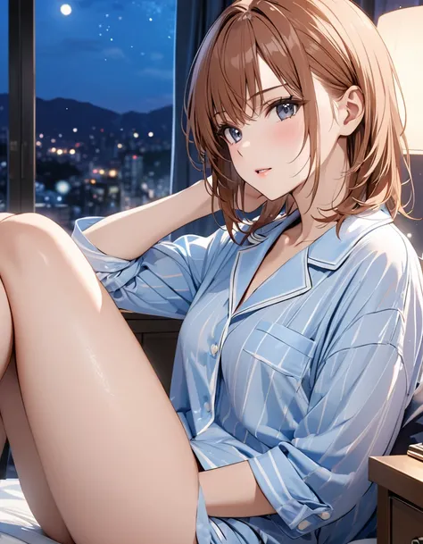 night, ren&#39;s room, At the desk, 椅子に座る, See photos,  dye your cheeks, 12 Talents, pajamas, (Misaka Mikoto), masterpiece:1.5, masterpiece, highest quality, UHD, retina, masterpiece, accurate anatomy, super detailed, high quality, best quality, 8k