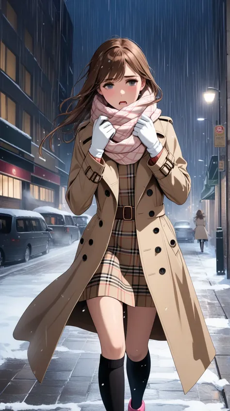 Masterpiece, hd, 1girl with long brown hair sad, crying and sobbing with tears in her eyes wearing a fully buttoned up closed and light beige belted buckle knee-length popped up collar trench coat grabbing her left hand with her mouth covered by a tucked u...