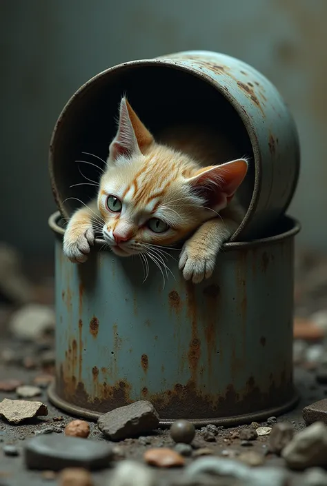 A dead cat is stuck in a tin can