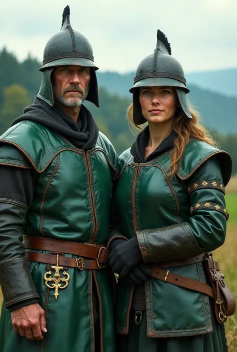  Peasants man and woman, emerald leather armor, black leather helmet , Go 