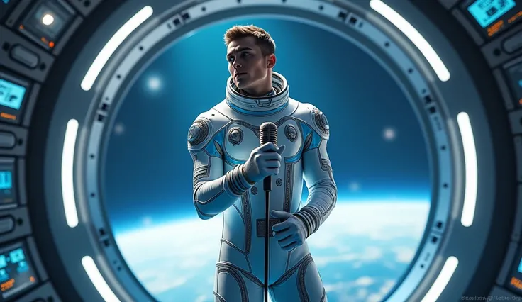 The singer is a handsome young european man dressed in a cosmonaut suit, he holds a mic, he is within a spaceship