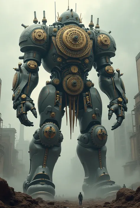 A huge, majestic god made of a machine with a steampunk-like back and a clock