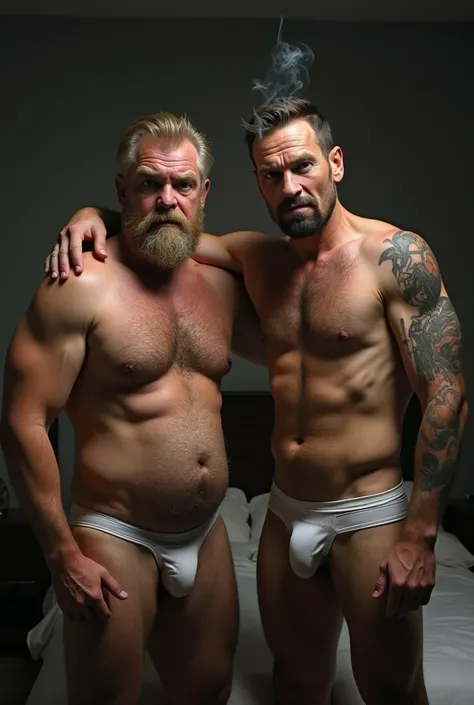 Two rustic and ugly men looking to the camera. Zak,  white man  rustic e mature, tall, high, robust and hairy,  hairy chest, hairy belly, scars over the body, blond beard , shirtless,  white jockstrap , big bulge under his jockstrap, angry look, big nose, ...