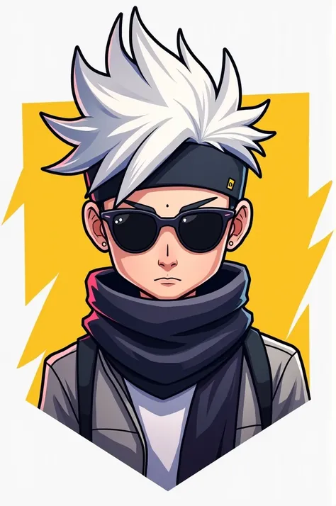 Create a free fire creacter cartoon logo white hair and black scaf 