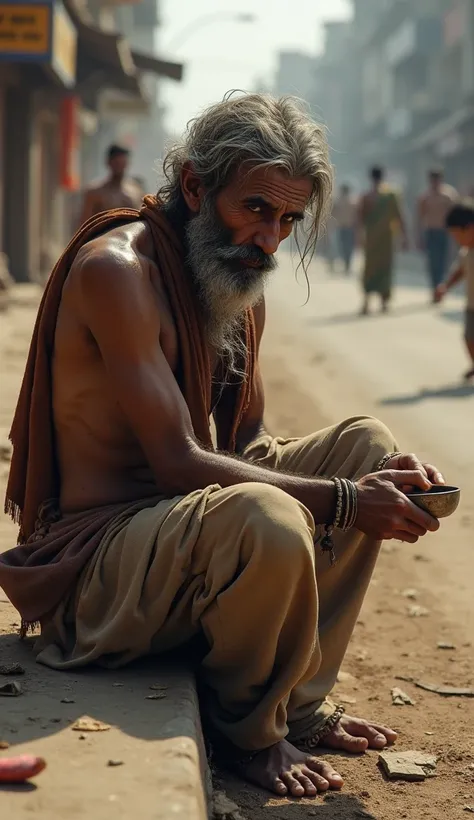 (photorealism:1.2), Lakshman sitting on the roadside, looking defeated, with torn clothes and a begging bowl.