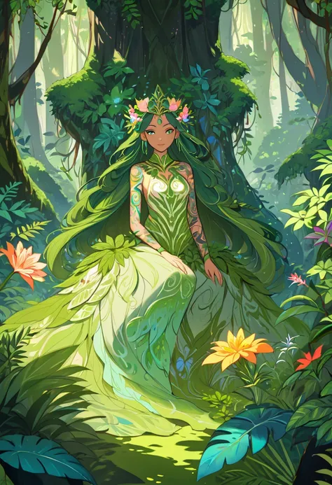 A mythical rainforest guardian with tattoos on her body, wearing a flowing dress of green moss and flowers, surrounded by vibrant wildlife in a sun-dappled jungle clearing