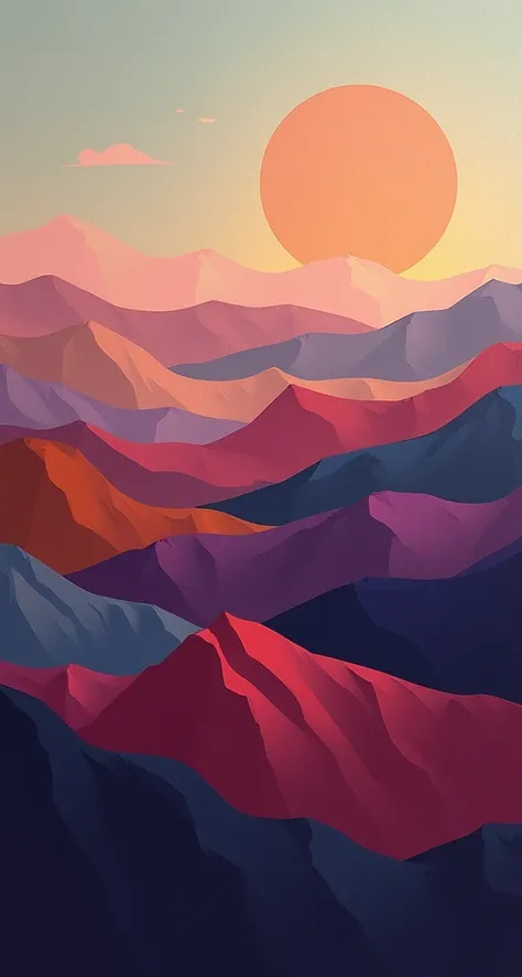 Abstract landscape painting, colorful mountains, layered hills, vibrant palette of earthy tones, soft pastels, bold colors,  (flowing lines:1.2), (flat colors:1.2), minimalist style,  (simple shapes:1.1),  bright sun,  (warm lighting:1.1),  (muted color gr...