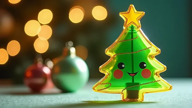 Draw a cute Christmas tree designed as a transparent plastic ornament, featuring green and yellow hues. The tree has a smiling face with rosy cheeks and a yellow star on top. The image should be captured from a close-up angle, with a blurred background of ...