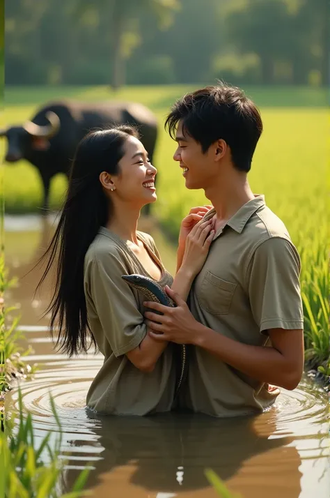 couple of lovers , a beautiful Indonesian girl , black long hair,wearing a simple shirt , was in the rice field holding an eel ,while laughing , and with 1 handsome Indonesian guy , Black short hair  ,wearing a simple shirt , was in a muddy rice field ,whi...