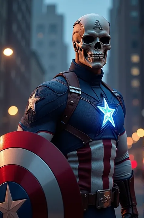 Imagine a strong muscular skull , Captain Americas signature outfit with his traditional shield his costume is dark red and the electronic navy blue flickering in the wind.New York City Background Dark Dark Sky 