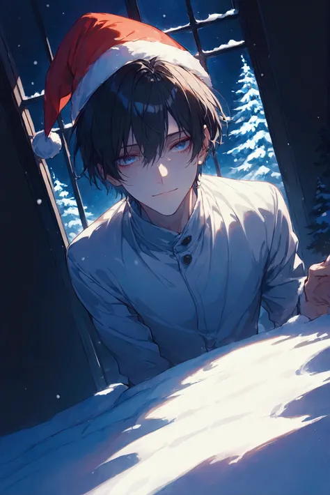 Illustration, highest quality, very detailed, animation, ((alone)) ((male))), black hair, blue eyes, lighted quiet room, soft shadow, dreamy and beautiful, dramatic lighting, mysterious, soft smile, Santa hat, Christmas trees outside the window, jaw-droppi...