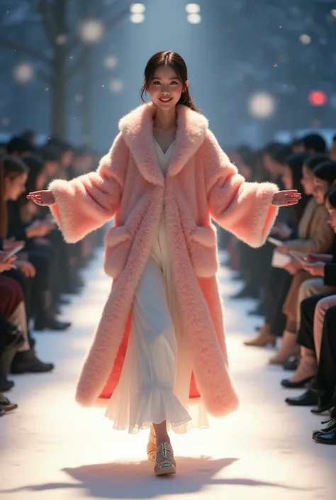  Japanese woman with a viewing angle of、20 years old、 baby face 、cute、 fashion show in winter dresses、 walking the runway、Many spectators、smile、Model poses with arms raised 