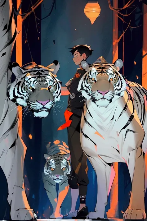 a tiger and two tiger cubs, and a oversized mouse,ferocious, detailed,full-body shots,ink style,Ink splash art on the background,ink style