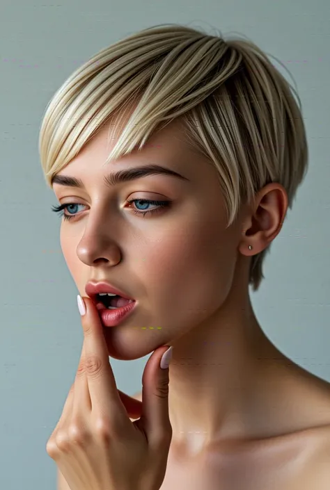 A beautiful young european womans decapitated head on a plate. She looks half side view, looks straight. No blod. She has beautiful straight, thick, smooth, silky, highlighted light blonde, short pixie hair, with bangs. The womans face showing fear. Her ey...