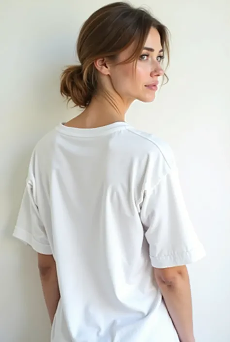 Solo , female model , beautiful face , wearing oversized t shirt ,facing against wall, wearing oversized white t shirt, , showing her back , showing her back dress , white background , clean white surface , bright white background