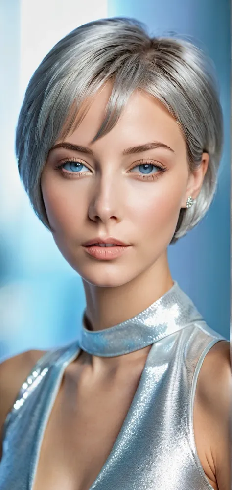 Ultra high resolution, rich colors, perfect image, top quality, detailed image, beautiful woman, glowing skin, skin and clothing texture, delicate eyes, (((short silver bob hair))), blue eyes