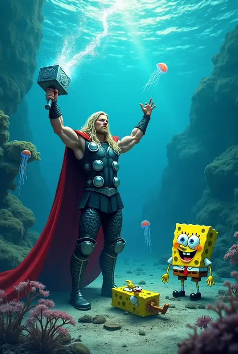 "Thor stands victorious on the ocean floor, Mjolnir glowing brightly as the water swirls around him. SpongeBob lies defeated, his spatula bent and bubbles escaping from his holes. The reef is partially destroyed, with jellyfish floating solemnly in the bac...