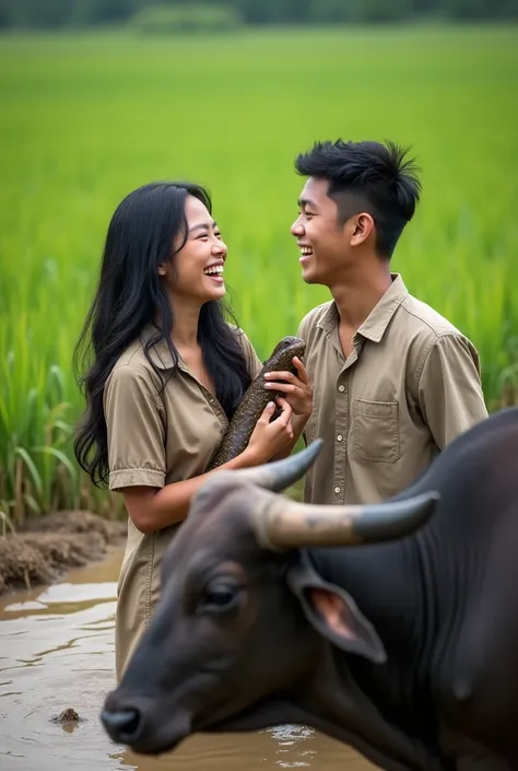 couple of lovers , a beautiful Indonesian girl , black long hair,wearing a simple shirt , was in the rice field holding an eel , while laughing , and with 1 handsome Indonesian guy , Black short hair  ,wearing a simple shirt , was in a muddy rice field , w...