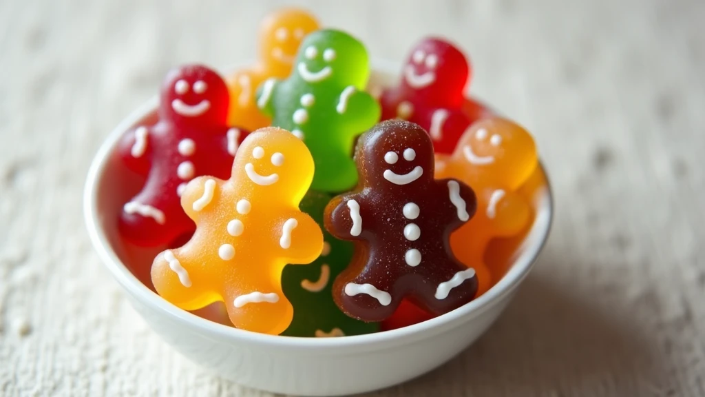 Create an image of a bowl filled with colorful gummy gingerbread men. The gummies should be in various shades, including red, green, yellow, and brown, each featuring a smiling face and white icing details. The bowl should be white, and the background shou...