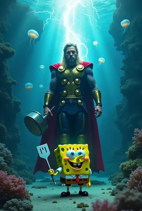 "Under the depths of the ocean in Bikini Bottom, Thor walks confidently, Mjolnir glowing faintly as it crackles with lightning, illuminating the underwater world. His golden armor gleams against the coral reefs and floating bubbles. Below, SpongeBob Square...