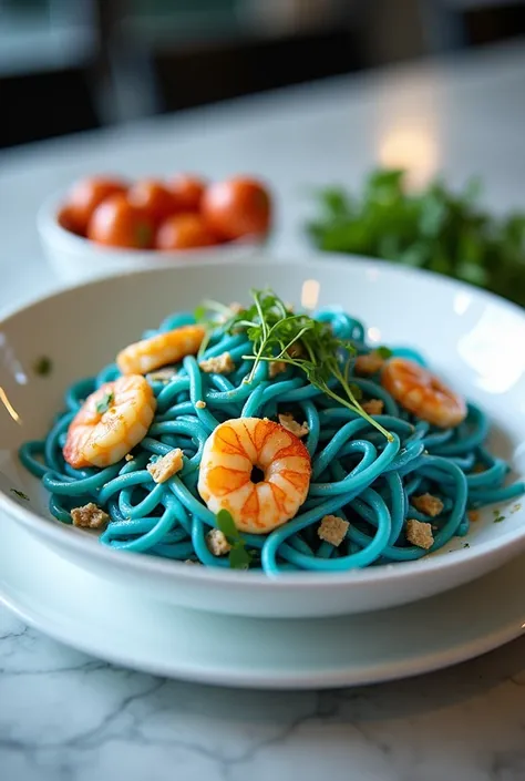 Blue stir fried pasta with shrimp 