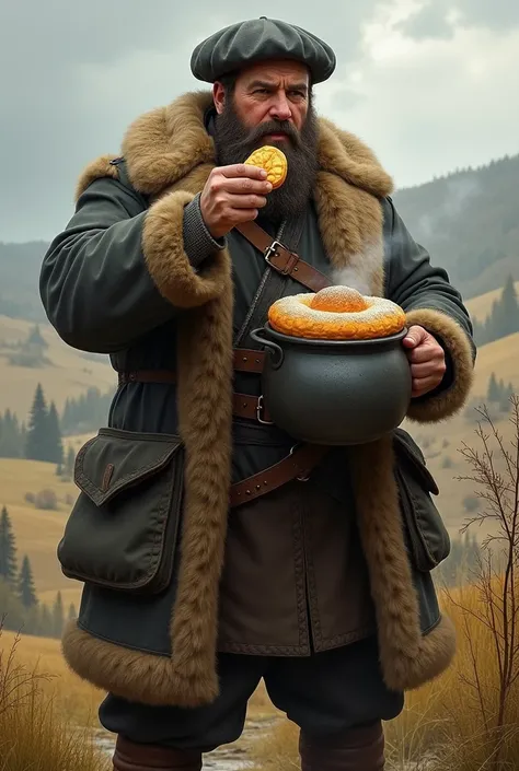 Create a Ukrainian Cossack with a pot in his hands eating a bakes 