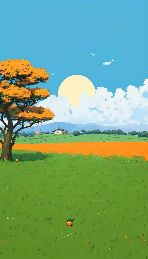 Crea una imagen de una escena rural serena y soleada en un estilo de anime Ghibli microdetadetallado. La escena es un niño sentado"""!!!!! (Minimalism:1.4), Draw a simple art of Tintin style an orange fruit tree sunset clouds , studio ghibli art, miyazaki,...