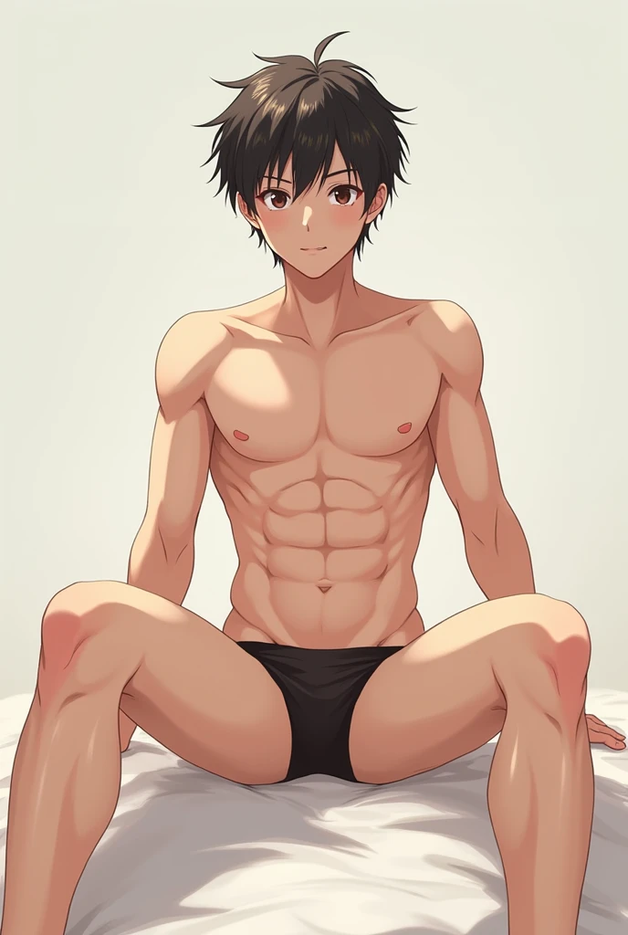 anime, boy, 18 years old, 6 pack abs, naked, sitting with legs spread 