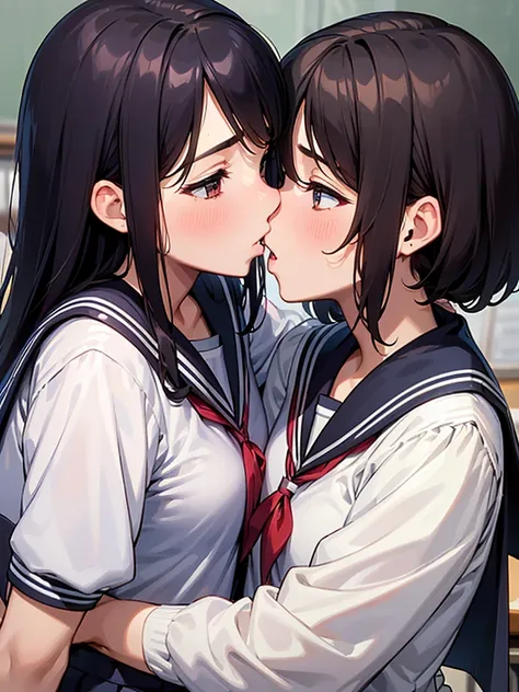 2girls:1.9, two lesbian girls kissing, yuri, yuri kiss, intertwined tongues, exchanging drool, shoulders and neck, sweaty, hot embrace, stringy drool, (((((high school girl, school uniform, sailor suit))))), empty class room, hidden, passionate, face to fa...