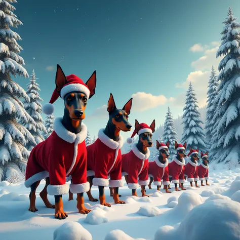 A bunch of doberman s dressed up as Santa Claus ,the scene is a winter christmass, extremely detailed, fantasy, cinematic lighting, high contrast, epic, masterpiece, photorealistic, 8k, hyper detailed