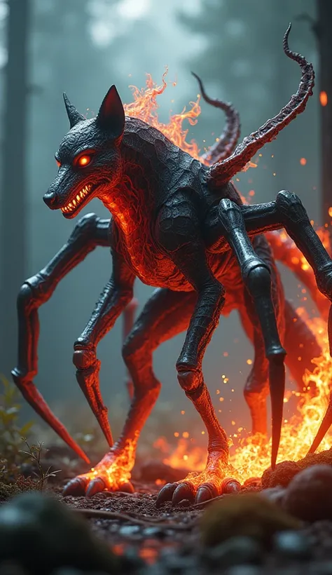 Create 32k Ultra-realistic masterpiece of a hybrid fusion creature, combining the fierce traits of a dog, Spider-Man, and Dragons fire aura, with a detailed realistic background of a dark, eerie forest. This mutated and evolved beast has a muscular, dog-li...