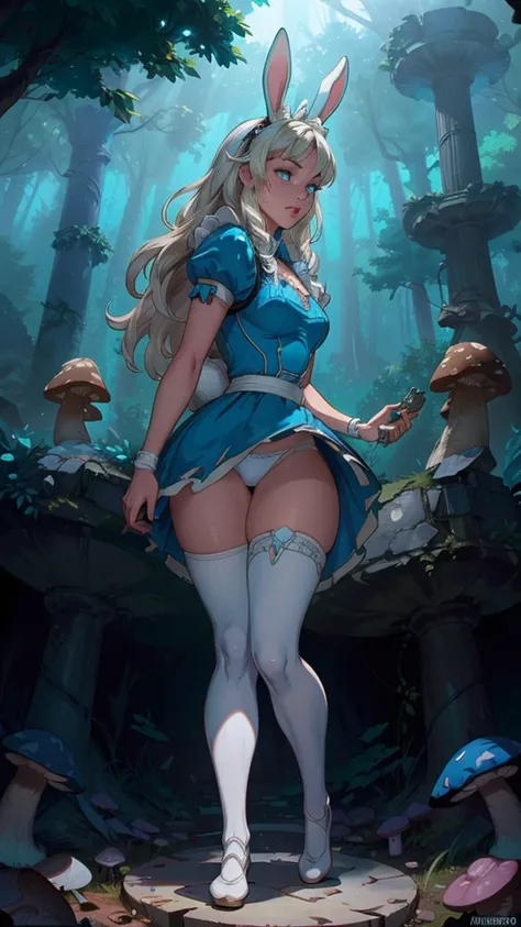 (La  Best Quality , A high resolution ,Ultra - detailed,actual), Alice in Wonderland , short blue dress, white thigh media, long yellow hair, ,( Dungeon ruins background in ruins cyberpunk dark forest :1.4 ), More detailed 8K.Unreal Engine:1.4, Ultra high ...