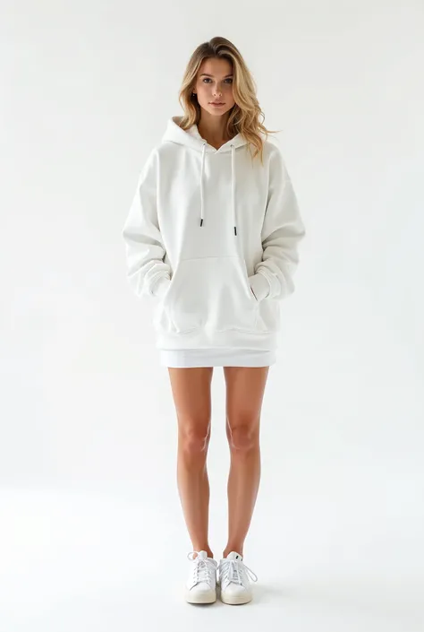 Solo , female model , beautiful face , wearing oversized hoodie , wearing oversized white hoodie  , wearing white short skirt , wearing white shoes , standing , looking at viewer , white background , clean white surface , bright white background