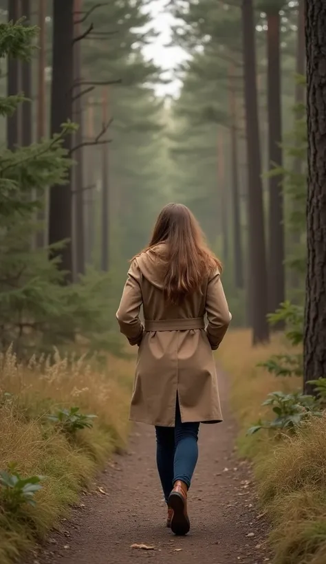 A 36-year-old woman walking along a forest trail, dressed in a warm trench coat.