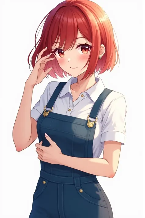 anime style of a florist girl, denim jumpsuit and white polo, bob red hair, mature look, white background