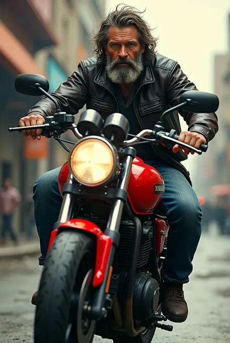  Motorcycle yamaha red. a man with a dirty beard not wearing a helmet