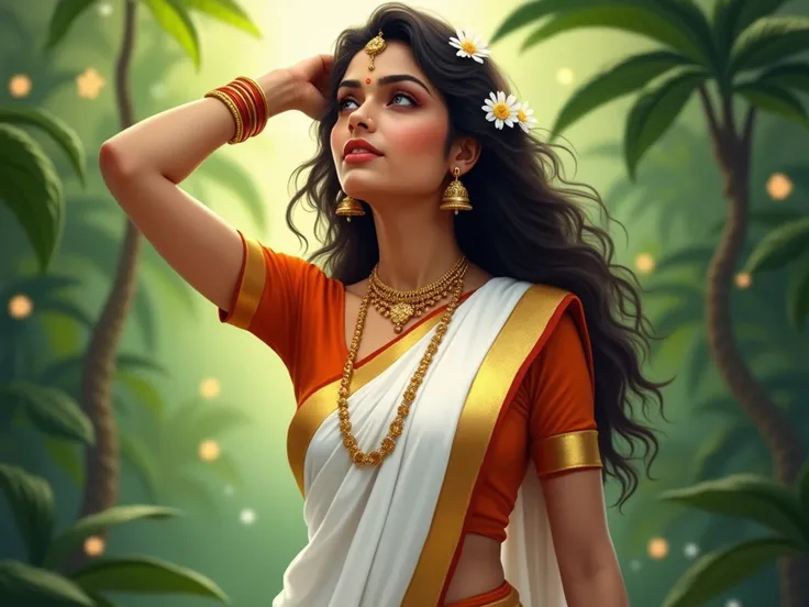 Create a digital painting of a woman in a traditional South Indian attire, wearing a white saree with golden borders and an orange blouse. She has a serene expression as she gazes slightly upward. Her long, wavy dark hair is adorned with jasmine flowers, a...