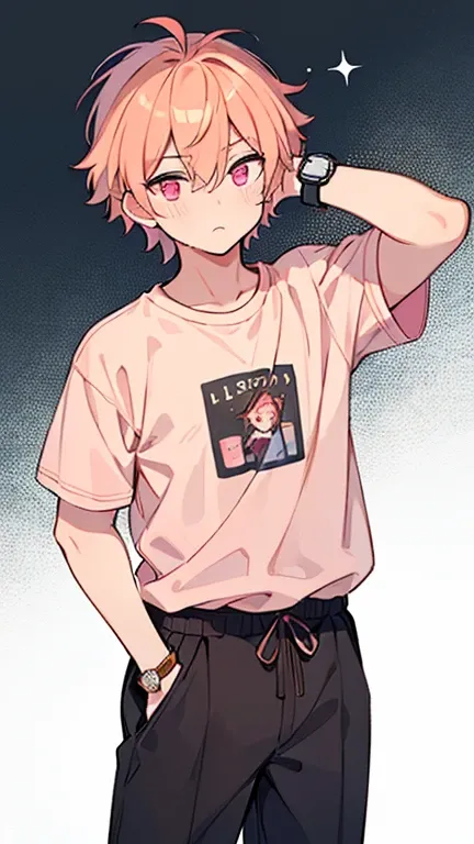 (( Man with apricot hair and steamy pink eyes)),((Im wearing college student clothes)),Im holding a watch )), bangs , hair between eyes 