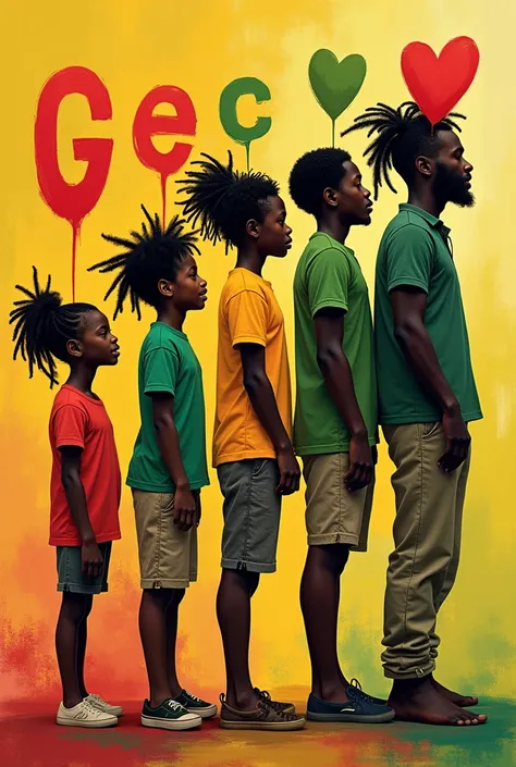 
"A symbolic and realistic illustration showing the evolution of human priorities between the heart and the brain at different life stages. Depict five African individuals with Rastafarian hairstyles, each representing a specific age range:
1. A  (ages 1-1...