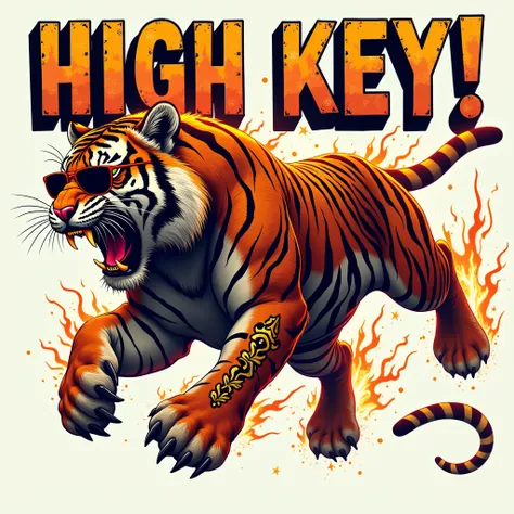  「High key!!」
Prompt: The tiger jumps into the air, claws outstretched and muscles flexing, with its tattoos glowing like fire and lightning. Its sunglasses reflect a blinding burst of light. The phrase "HIGH KEY!!" appears in large, radiant yellow letters...