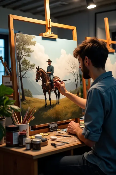  A young visual artist in his studio in the middle of creating a painting on which you can see a man on a horse. The studio is well lit with equipment on both sides 