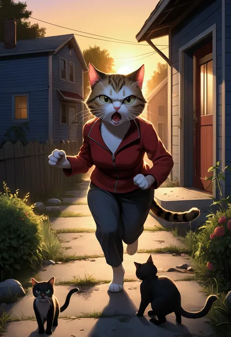 "The mother cat sneaking into a bustling neighborhood during the early evening. She is cautiously carrying a small piece of food in her mouth, looking nervous. In the background, an angry human shouts at her while gesturing, but the cat dashes away. The sc...