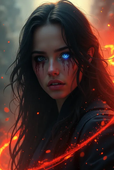 The image is a highly stylized and dramatic illustration of a person with long, dark hair and a blue eye. The persons face has a smudged appearance with blood-like streaks, and there are bright, fiery effects around them. The style is reminiscent of a digi...