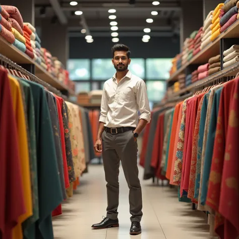 Hd image of young male sales staff in modern textiles, inside textiles,in kerala